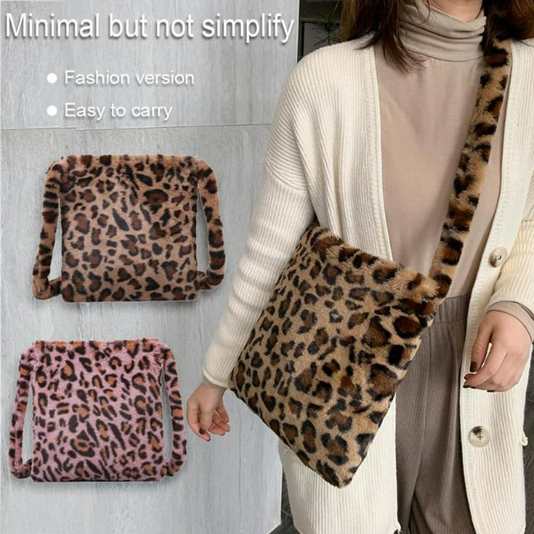Womens Soft Leopard Print Cross Body Bag Fuzzy Shoulder Bag Clutch Purse  Casual Autumn And Winter Shopping Bag - Brown 