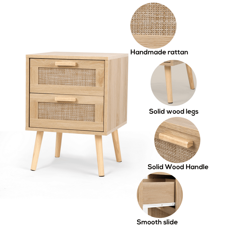 RichYa Rattan Bedside Accent Nightstand with 2 Drawers