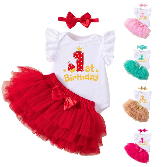 AWZXDE Adorable Birthday Dress For Girls Skirt Cozy Romper Outfit First Celebration Toddler Girl Clothes Set Red,1-3 Months