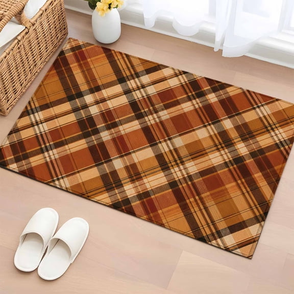 Orange Buffalo Plaid 2'x3' Washable Rug, Fall Thanksgiving Checkered Non-Slip Soft Doormat Area Rugs for Entrance Bathroom Bedsides, Front Doormat Carpet for Kitchen Bedroom, Entryway Floor Mat