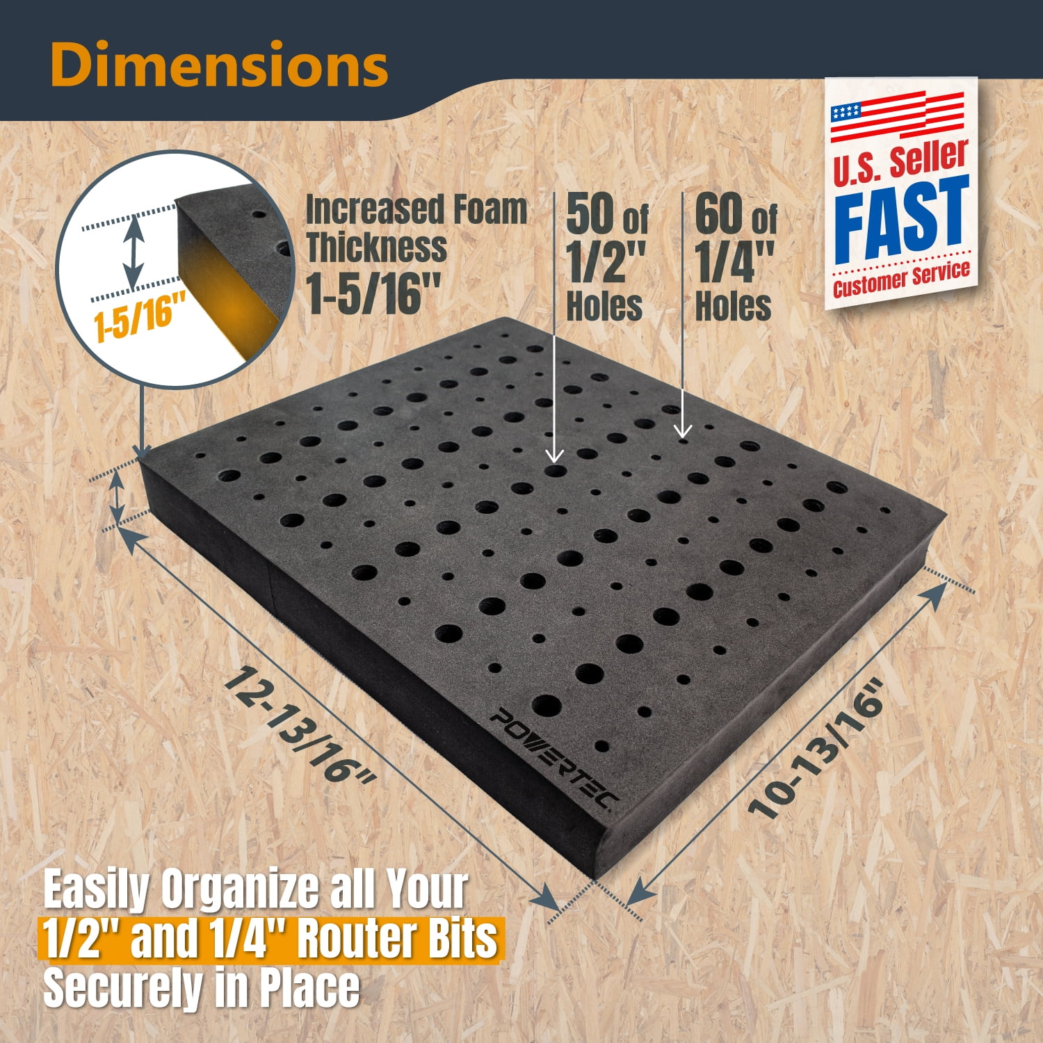 POWERTEC Router Bit Tray Organizer - Holds 110 Bits Each Tray | 50 1/2" and 60 1/4" Shank Router Bit Holder for Tool Box and Drawer Storage Solution, 2PK (71046-P2)