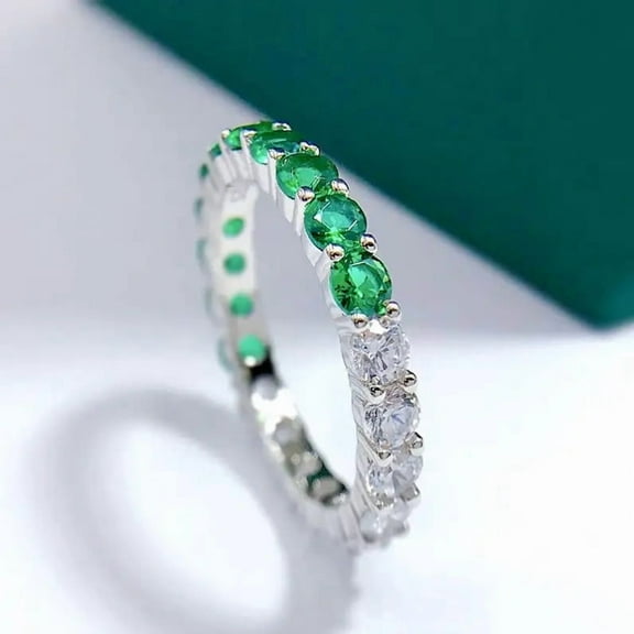 Radiant Round-Cut Lab-Created Emerald & Moissanite Full Eternity Wedding Band Ring in 925 Sterling Silver – Timeless Love, Sustainable Beauty