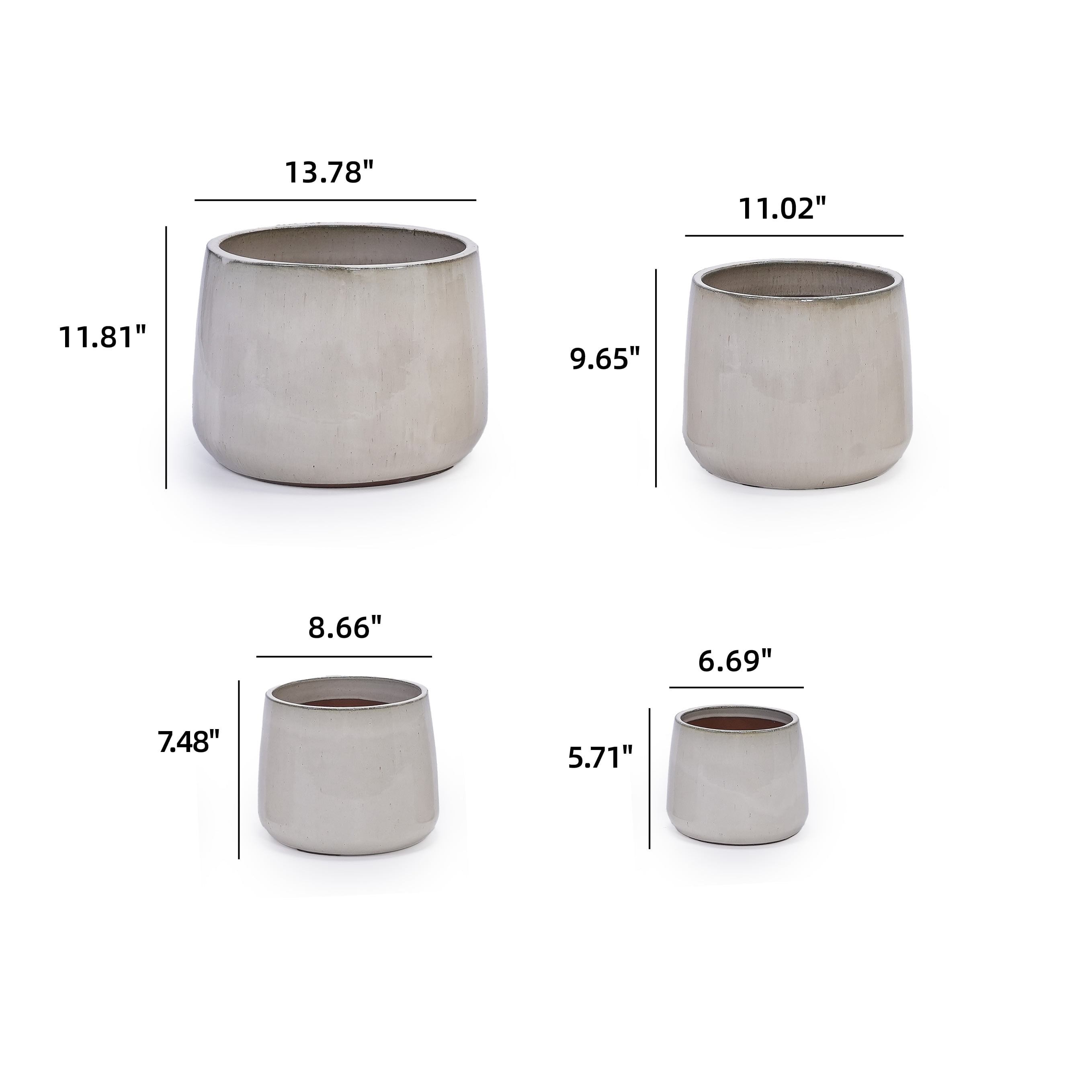 mdj pottery Set of 4 White Ceramic Brushed Texture Planters with Drainage Holes, 6 to 14 inch Indoor Outdoor Pots for Orchids, Succulents and Cacti