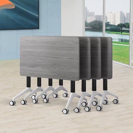 White Flip-Top Folding Conference Table Mobile Training Table with 360°Silent Caster Wheels Heavy Duty Foldable Meeting Table Space Saving Modular Seminar Table for Office Startup Classroom(4 47.2in)