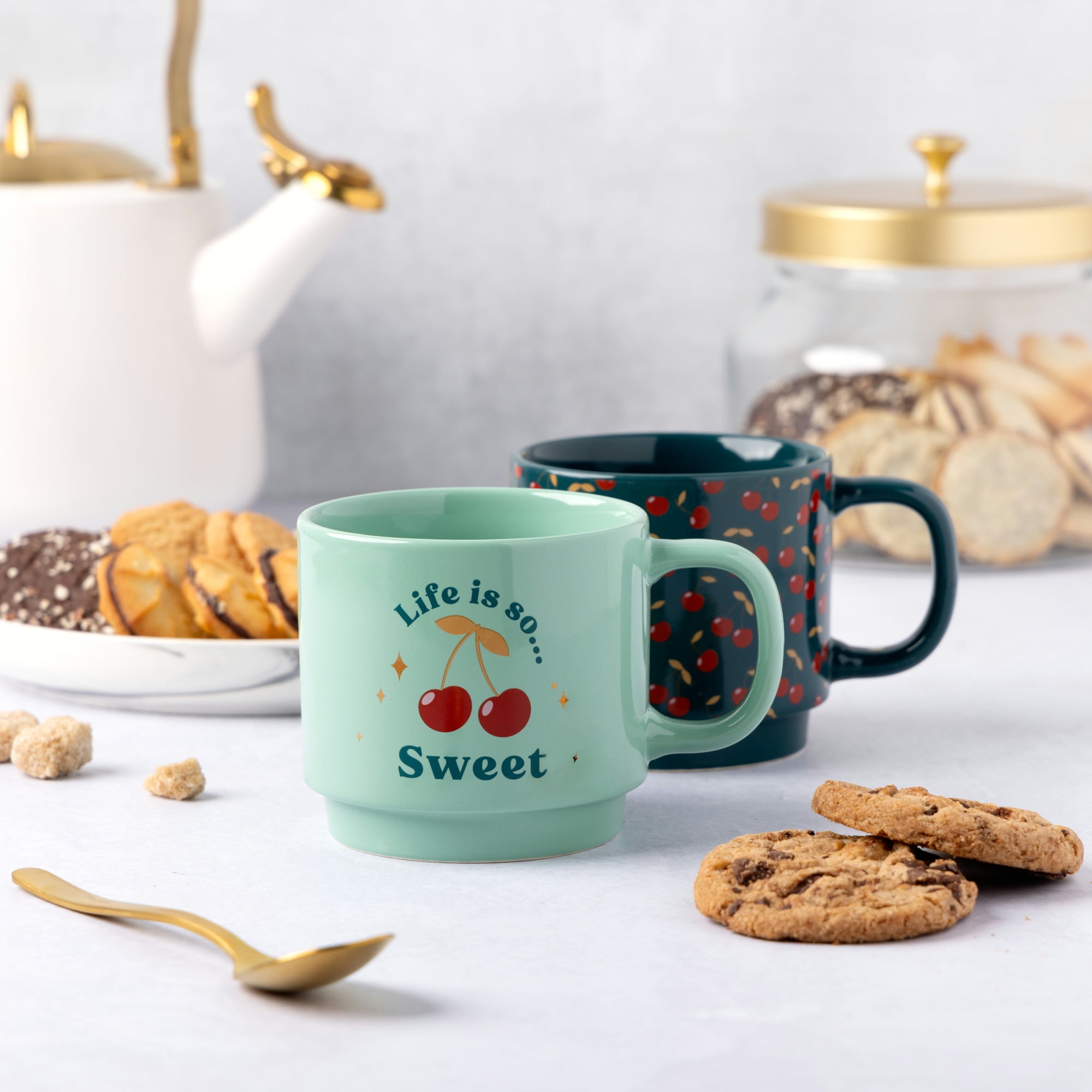 Thyme & Table 2 Pack Stacking Life is Sweet and Cherries Green Mugs 14.2 fl oz, Stoneware