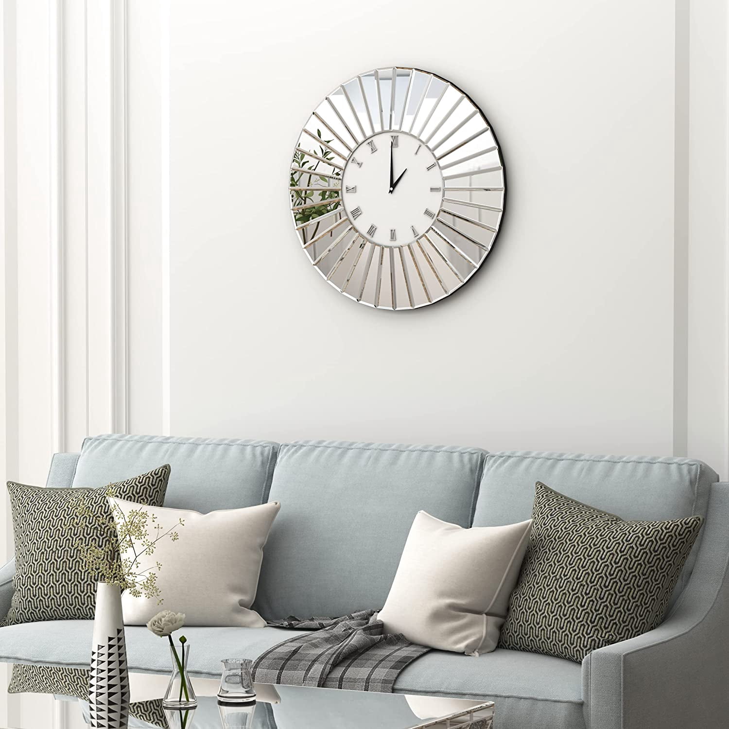 SHYFOY Mirror Glass Wall Clock - 24in Round Silver Glass Finish Decorative Wall Clock for Living Room Office Home Decor
