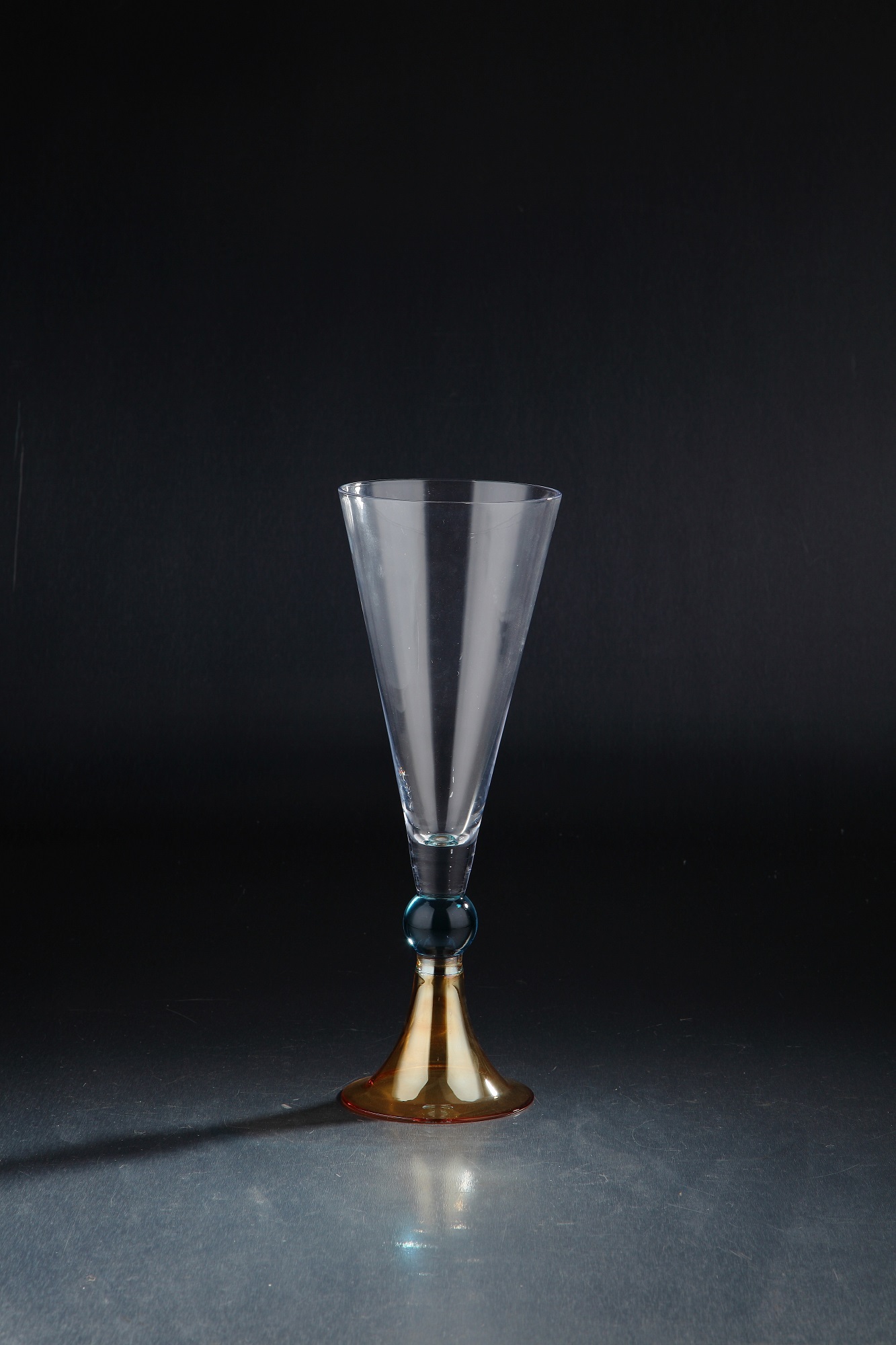 13.5" Clear Fluted Hand Blown Glass Vase with Orange and Blue Base