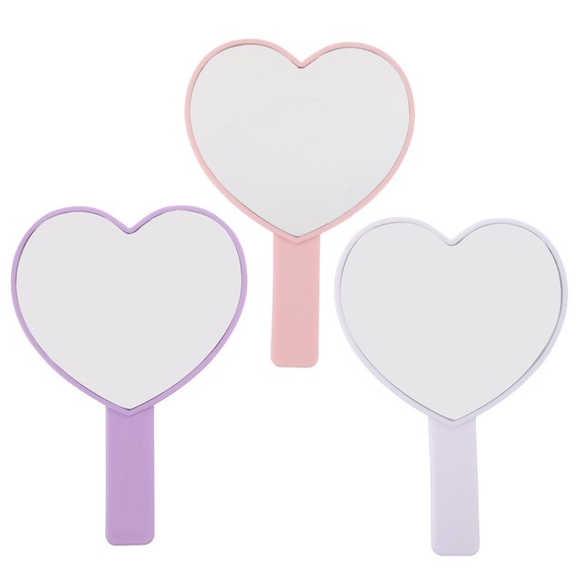 Espejo de maquillaje portátil con forma de corazón, 3 unidades, bonito espejo cosmético de tocador portátil con asa, accesorios pequeños para mujeres y niñas, hogar y viajes.