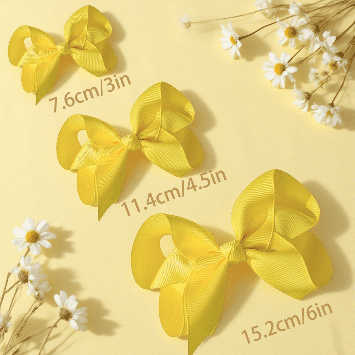 JoyBowie 24Pcs Hair Bows Set, 12x3In Solid Color & 12x4.5In Ruffled Edge Yellow Bows for Girls