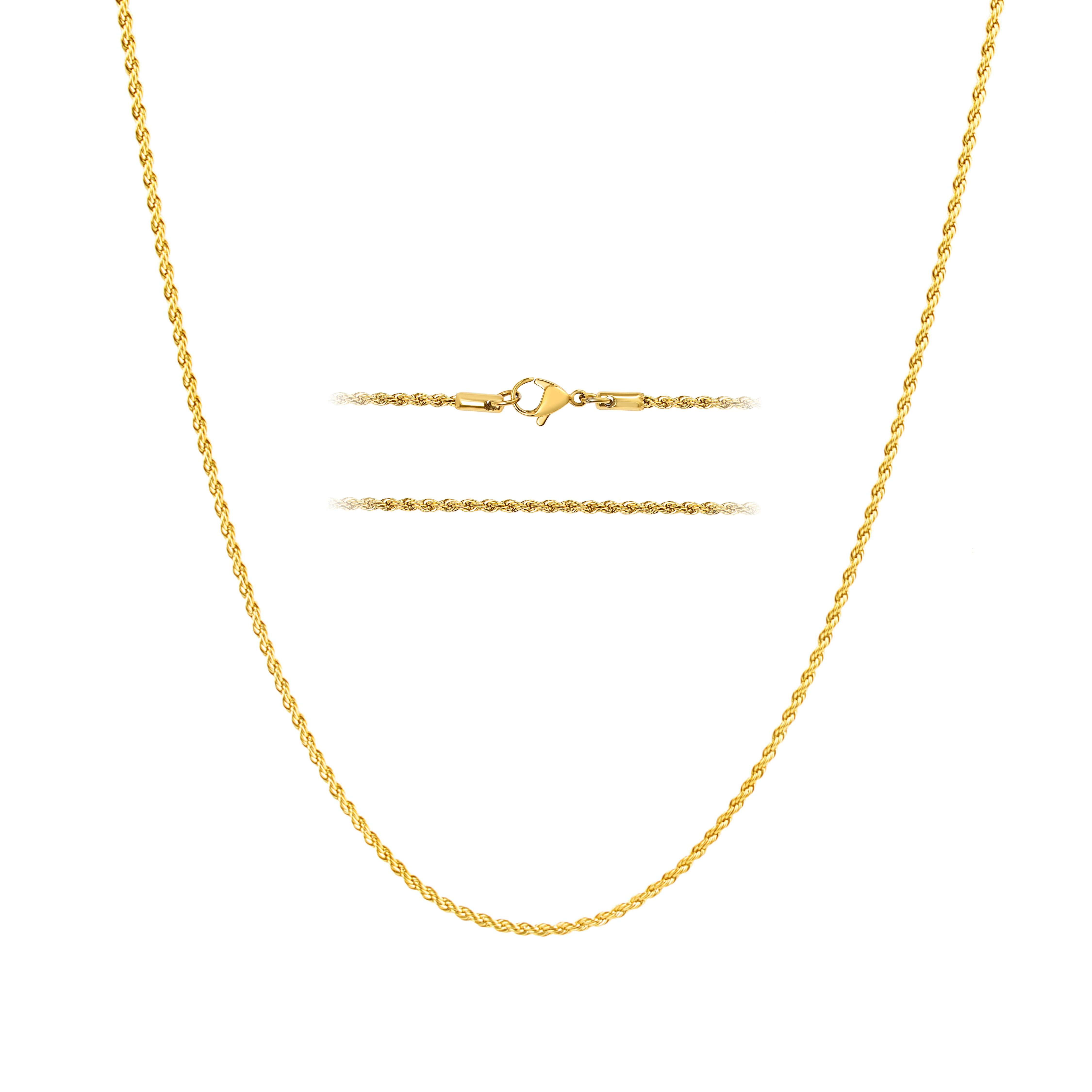 KISPER 18k Gold Over Stainless Steel 2mm Thin Hip Hop Rope Chain
