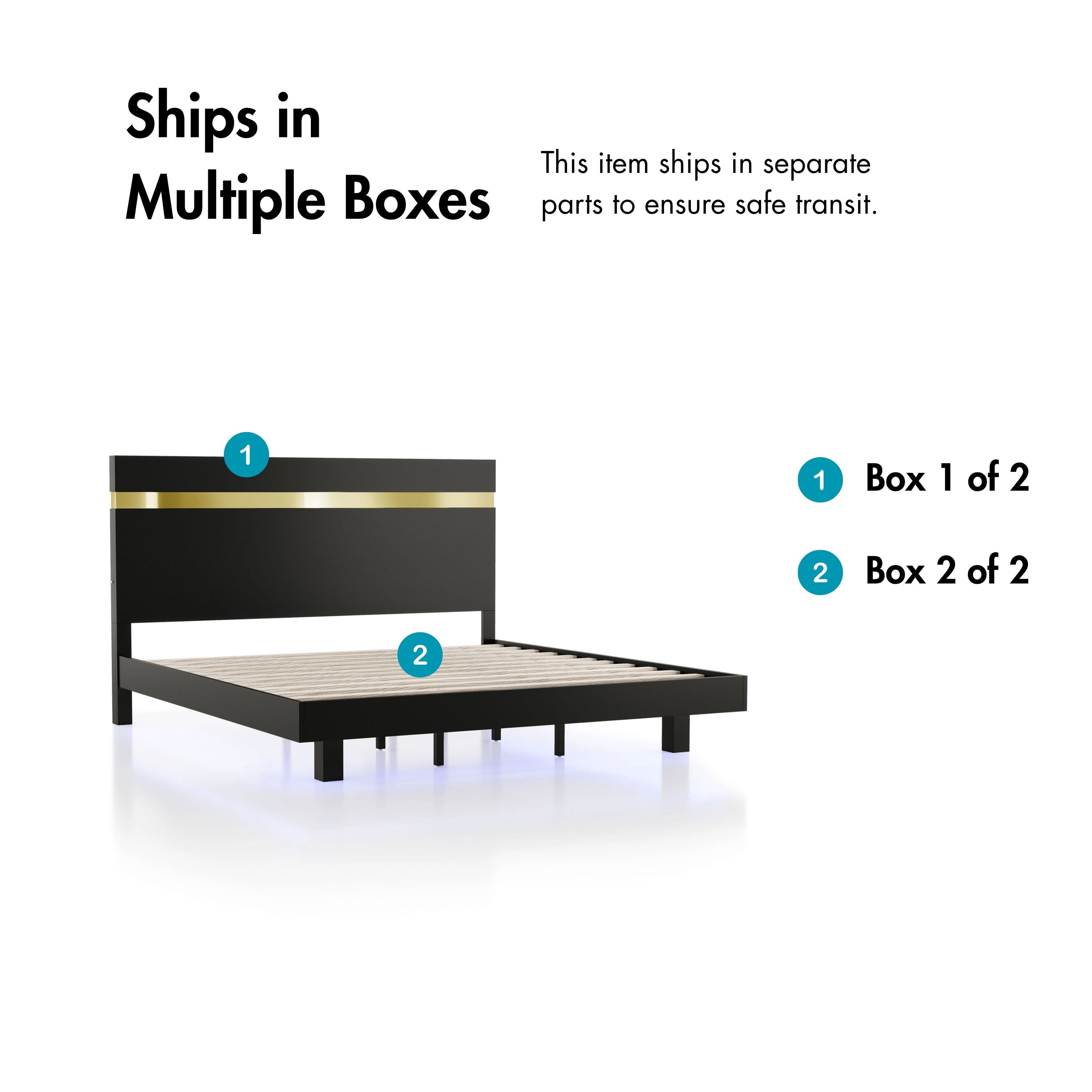 Furniture of America Chora Solid Wood Platform Bed with Underbed LED, King, Black and Gold