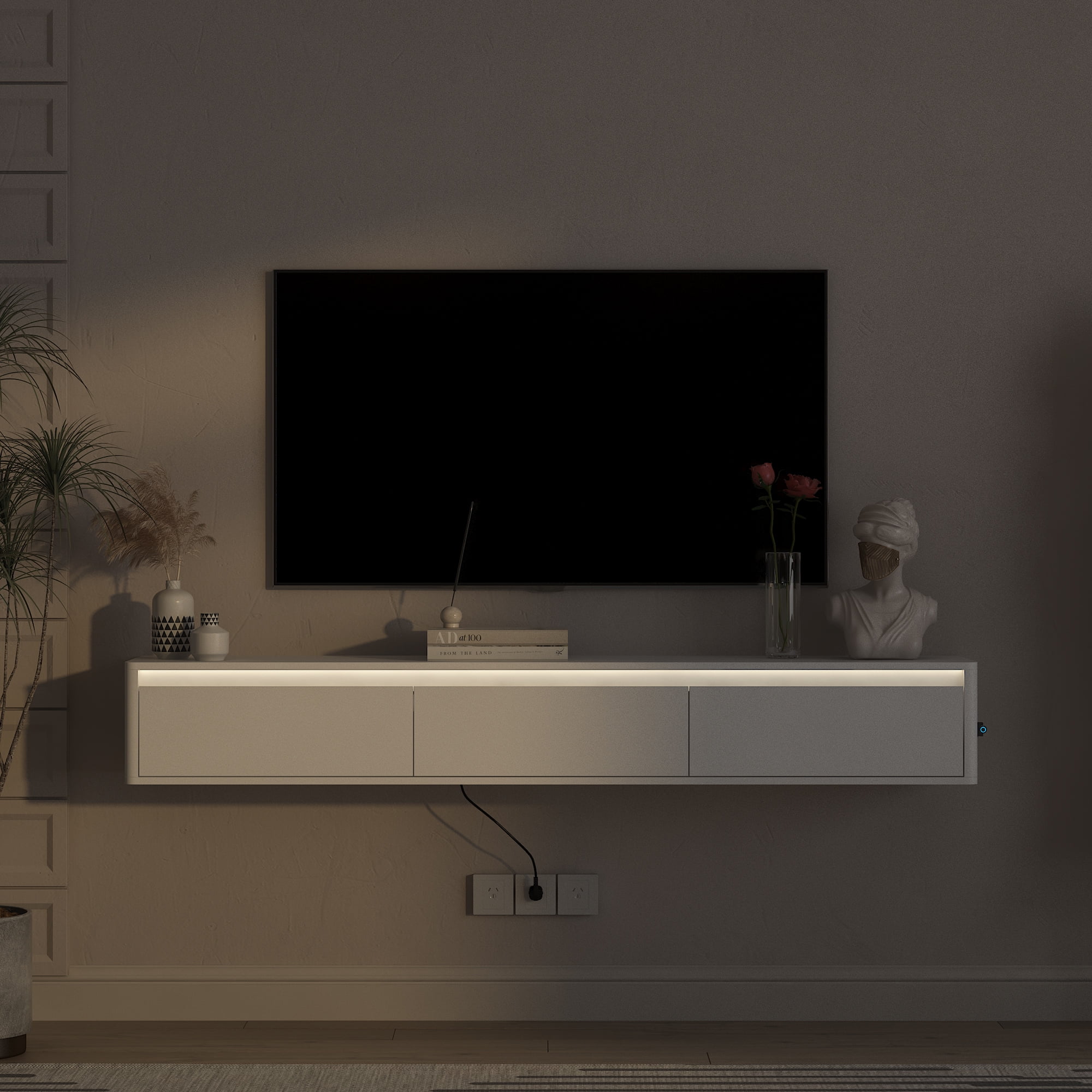 Aukfa Floating TV Stand for TVs up to 75",Wall Mounted TV Shelf High Gloss TV Cabinet with Led Lights & Power Outlet,White