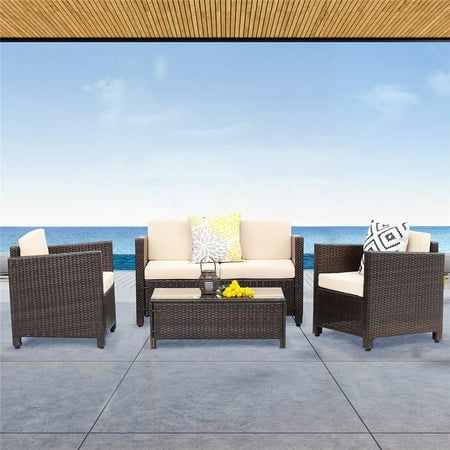 Superjoe Outdoor Patio Furniture Set 4 Pcs All Weather Wicker Conversation Set with Cushion Brown