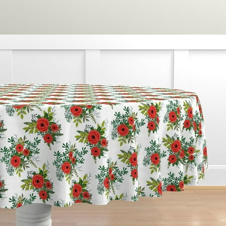 

Cotton Sateen Tablecloth 90 Round - Winter Blooms Red Green White Festive Christmas Floral Holiday Decor Flowers Holidays Girls Boho Print Custom Table Linens by Spoonflower