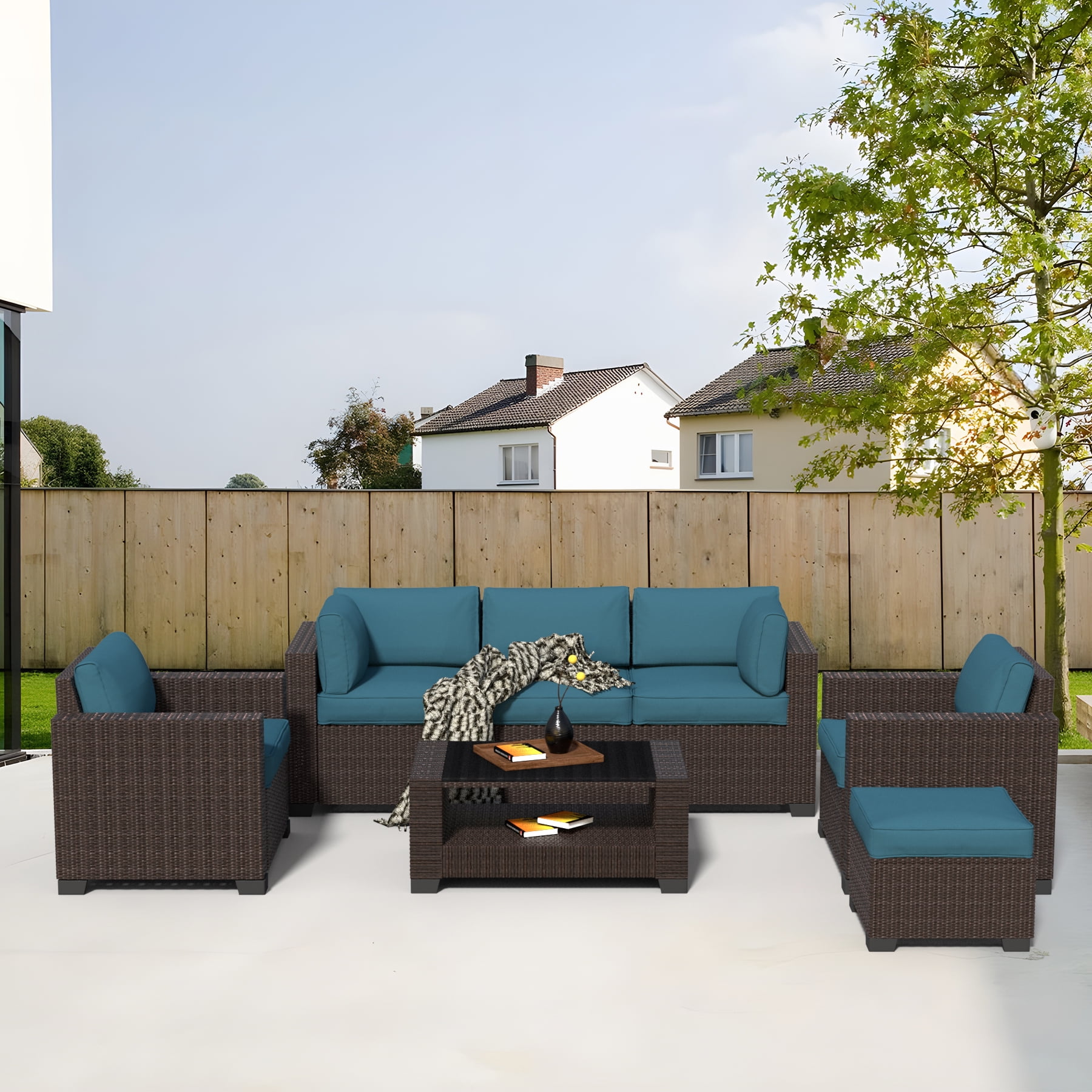 7-Piece Outdoor Patio Furniture Set, All-Weather Rattan Sectional Sofa with Waterproof Cushions & Tempered Glass Table, Perfect for Garden, Poolside, Backyard (Peacock Blue)