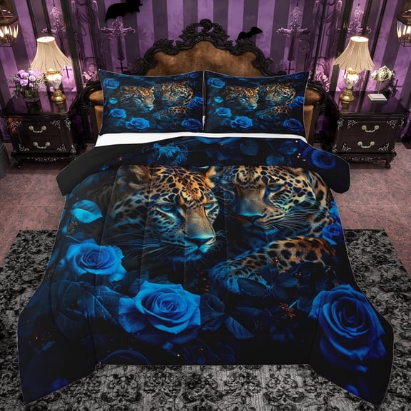 Feelyou 3D Leopard Cheetah Full Size Comforter Sets for Couple, Mystic Blue Rose Bedding Comforter Set, Romantic Couple Animal Reversible Bedding Sets, Ultra Soft Bedroom Decor, 3 Pieces
