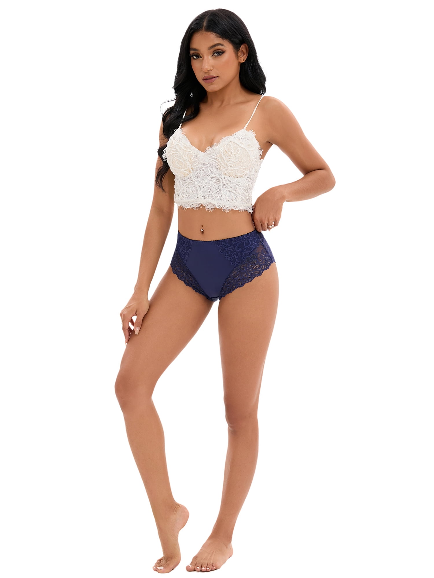 DARING DIVA Women's Lace Underwear Mid Rise Panties Full Coverage Briefs L Blue