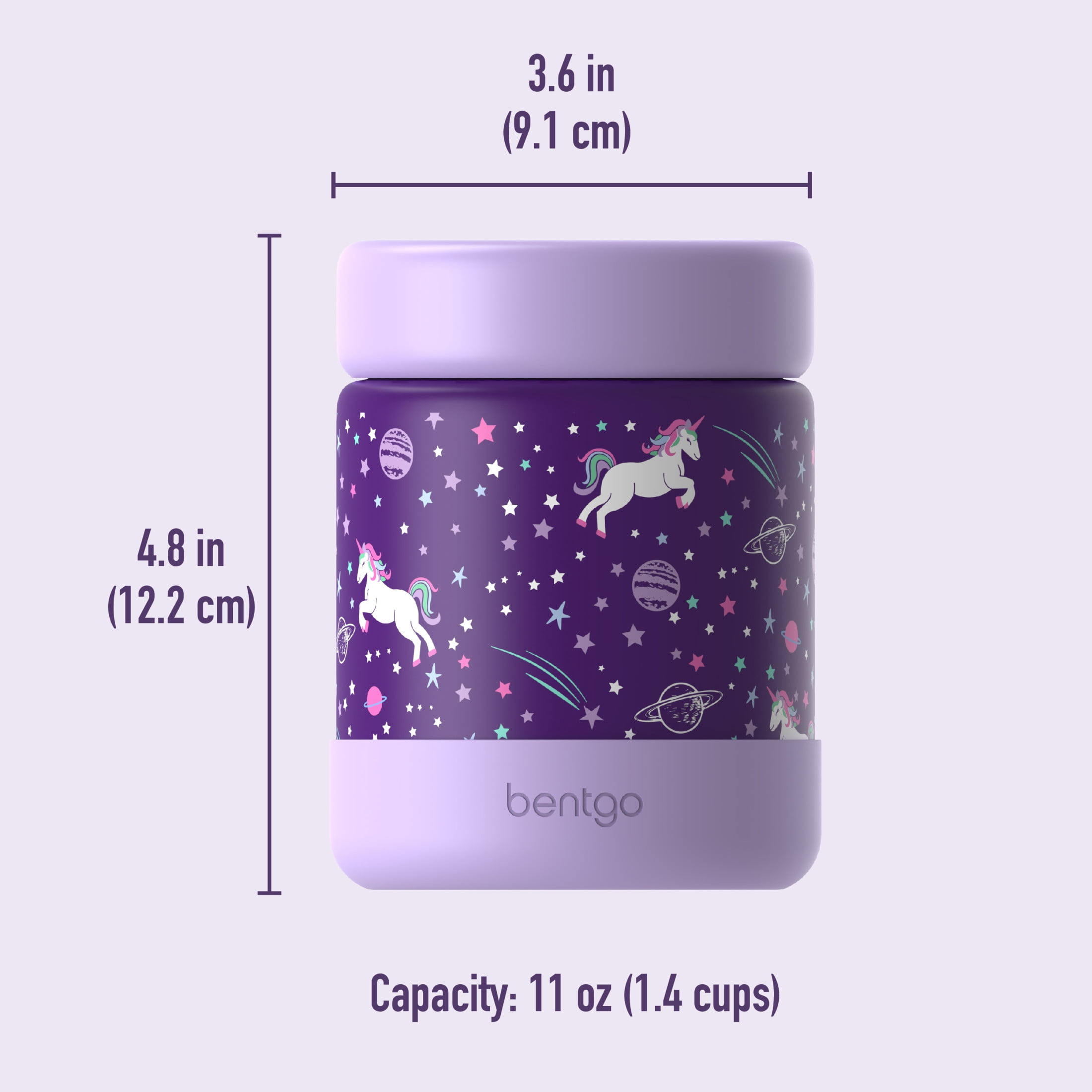 Bentgo Kids Stainless Steel Food Jar - 11 fl oz Leak-Proof Double Insulated Hot or Cold Food Container with Removable Silicone Bumper, Dishwasher Safe, Easy Open Lid, Ages 3+ (Unicorn)
