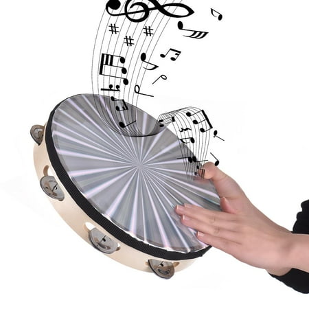 10 Inch Tambourine - 10 Inch Wooden Radiant Tambourine Handbell Hand Drum with Single Row Jingles Reflective Drum Head Percussion Instrument Musical Toy