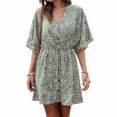 thumbnail image 2 of Robe Femme à Col en V Vêtements d'Été Robe Courte à Imprimé Floral Robe à Manches pour Femme, Vert, TG, 2 of 7