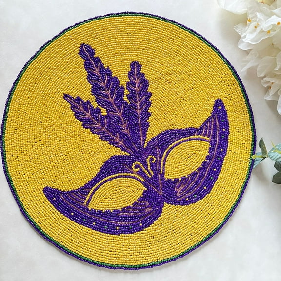 Set of 2, Mardi Gras handmade placemat, beaded round table placemat, 14 inch