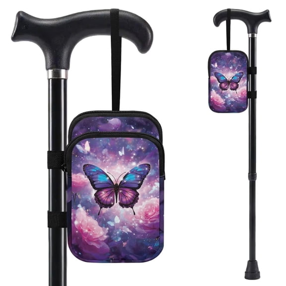 COEQINE Forearm Crutch Bag Walking Cane Accesories Butterfly Rose Galaxy Elbow Crutch Storage Organizer, 2 Zippered Pockets, Lightweight, Hands-Free, for Adults & Seniors