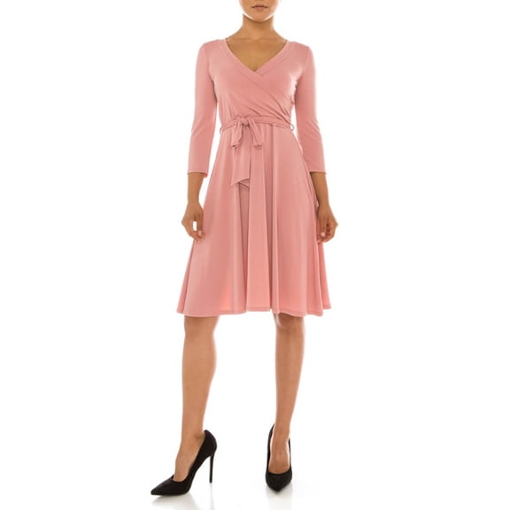 Bon Rosy, Women's, MadeInUSA 3/4 Sleeve V-Neck Printed Knee Length Midi Faux Wrap Floral Dress, Mauve, L