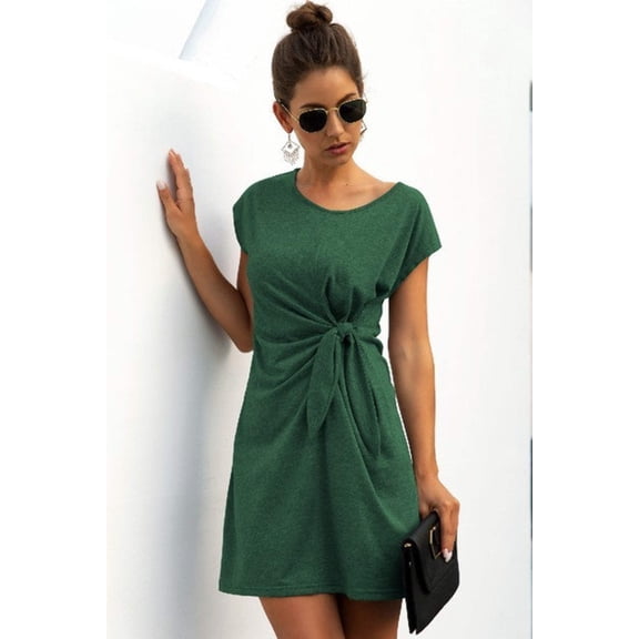 Solid Twist Knot Front Short Sleeve Tee Fit Dress