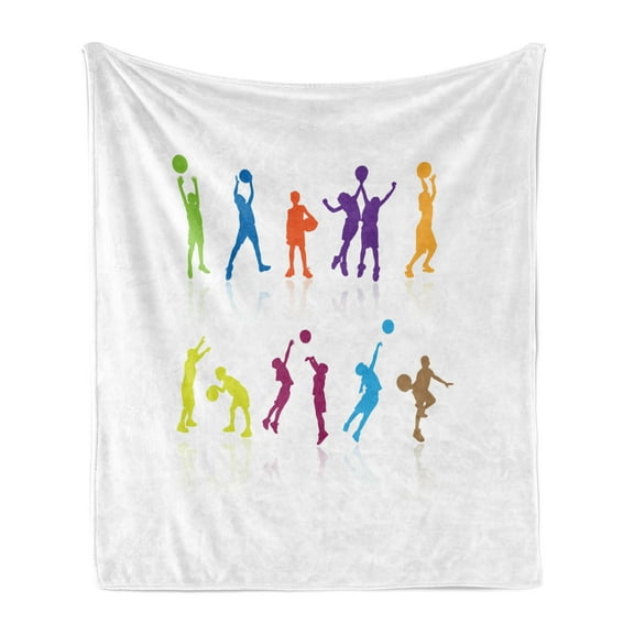 Youth Soft Flannel Fleece Throw Blanket, Colorful Silhouettes of Children Jumping and Playing Basketball with Reflections, Cozy Plush for Indoor and Outdoor Use, 50" x 60", Multicolor, by Ambesonne