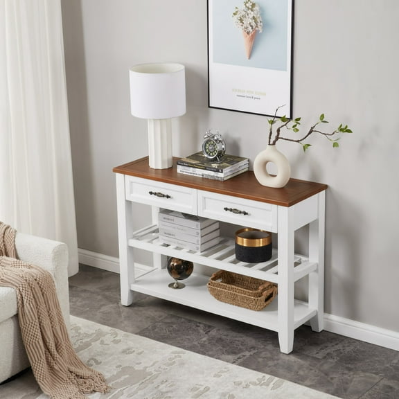 Lisonu 42" Console Table for Entryway with 2 Drawers & Shelves, Wood Farmhouse Sofa Table with Storage, Rustic Brown & White, Living Room Hallway