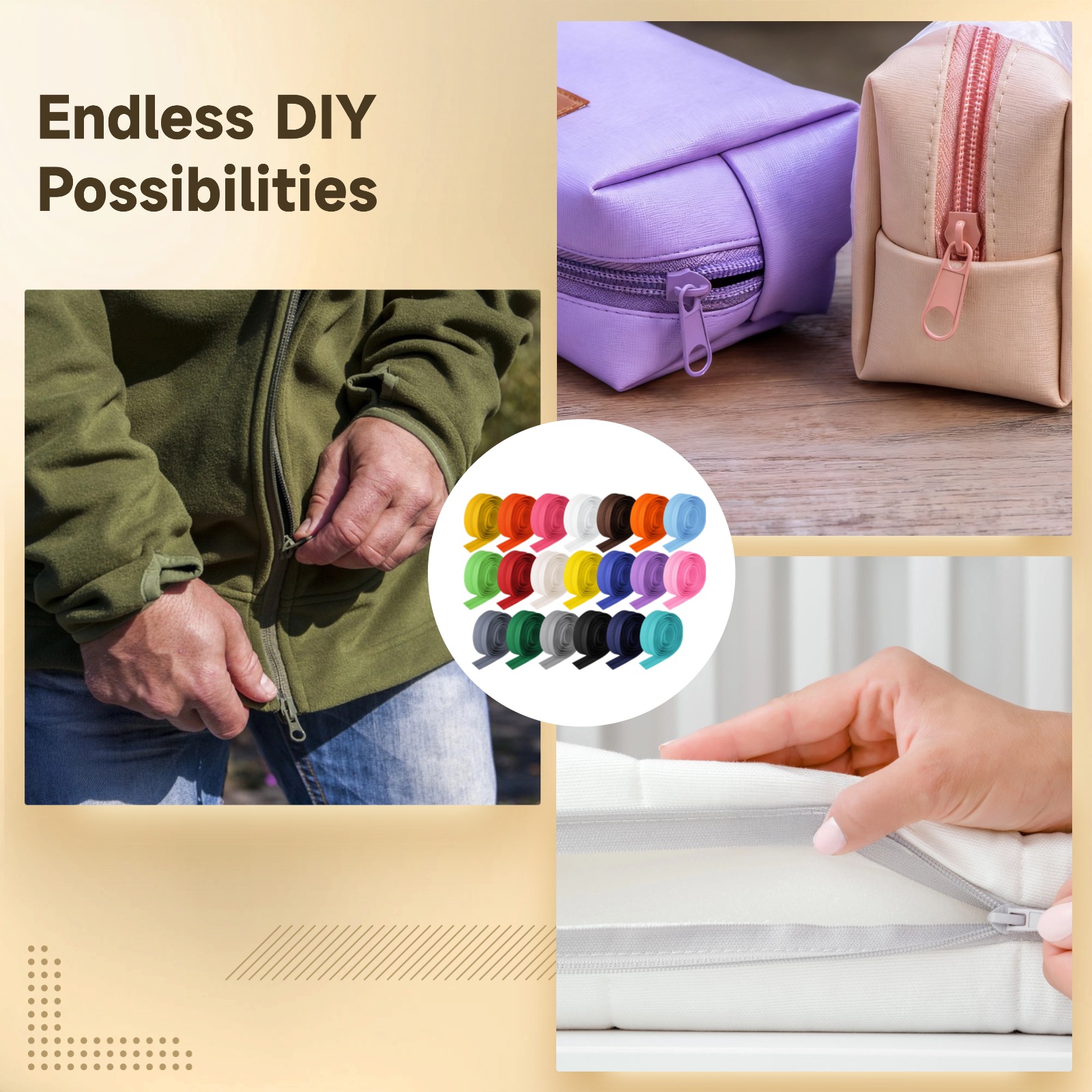 20 Yards 20PCS Sewing Zippers, 20 Assorted Colors, Nylon Coil Zippers with 200 Zipper Sliders, Scissors, and Tape, Complete Zipper Repair Kit for DIY Sewing, Crafts, Bags, Cushions