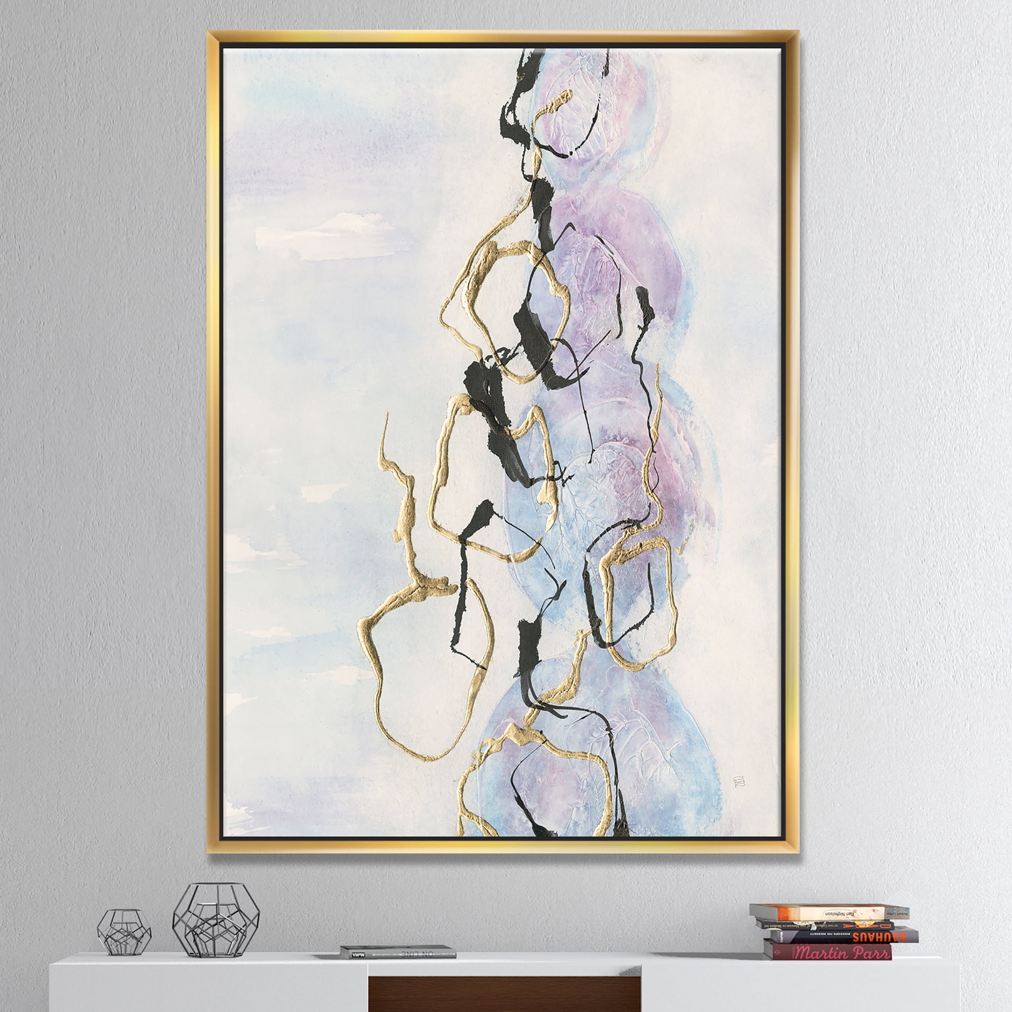 Designart ' Gold Lines on Pastel I ' Modern Glam Framed Canvas