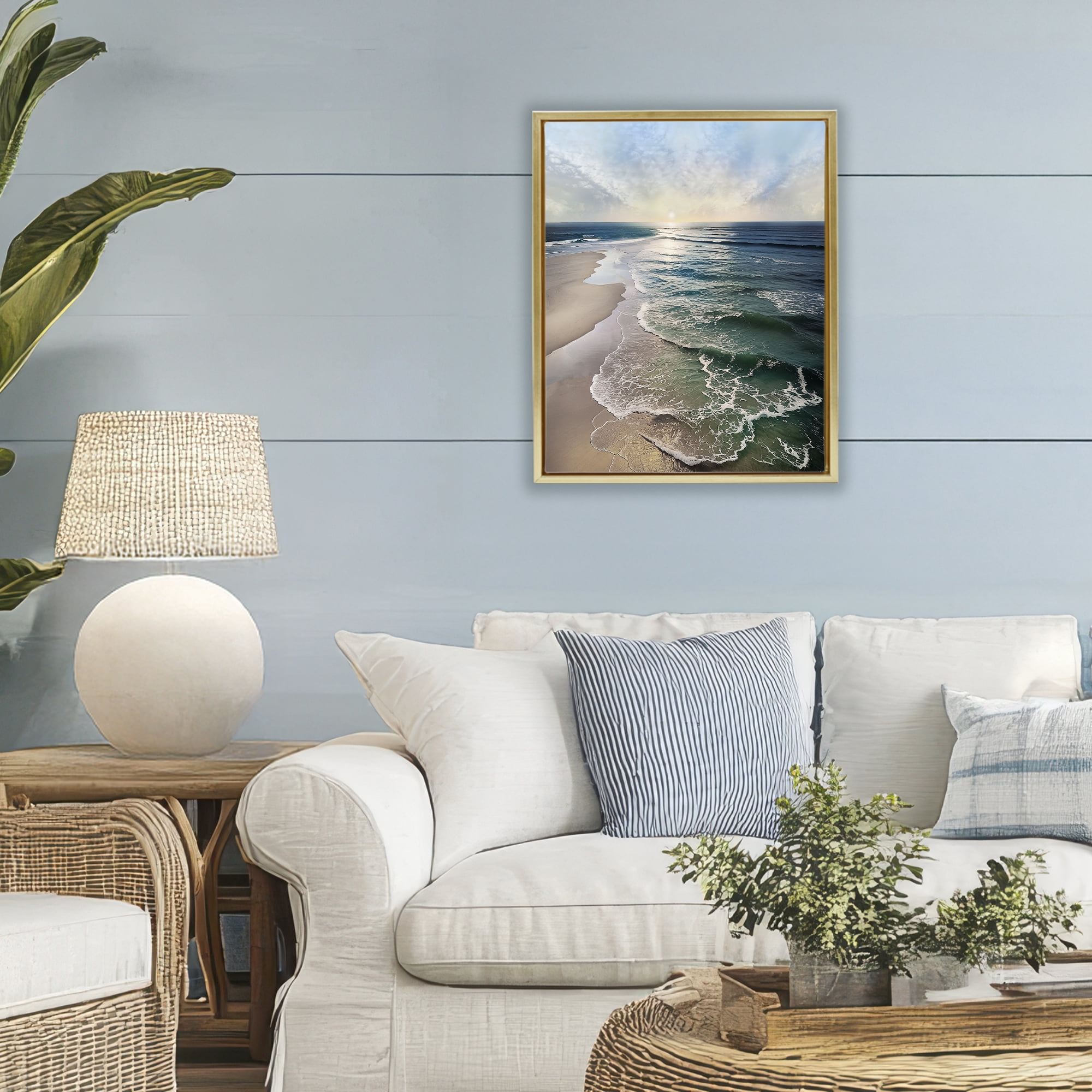 Stupell Industries Tranquil Shoreline with Soft Light Gold Framed Floater Canvas Wall Art, design by Mike Calascibetta
