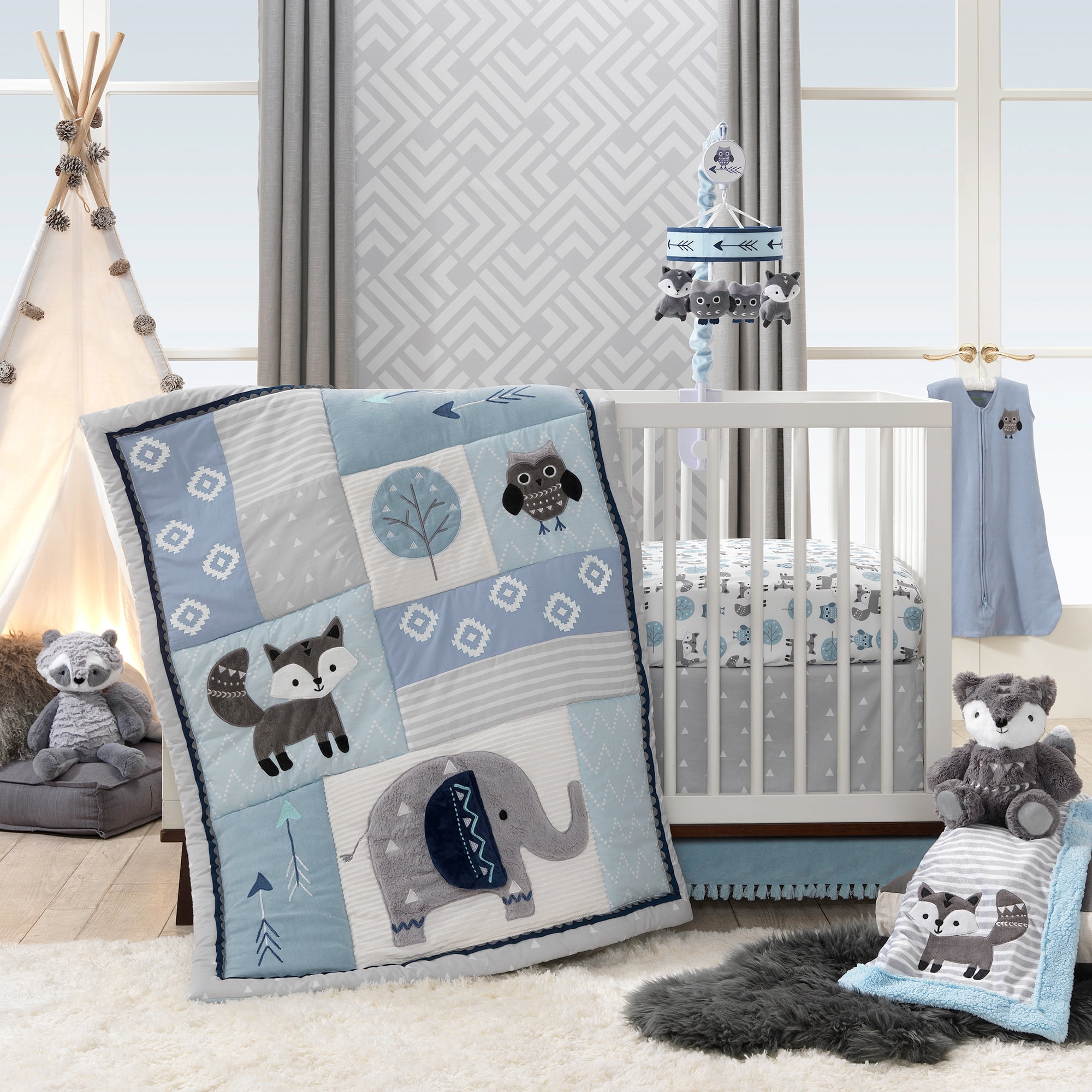 Lambs & Ivy Stay Wild 4-Piece Crib Bedding Set - Blue, Gray, White, Animals