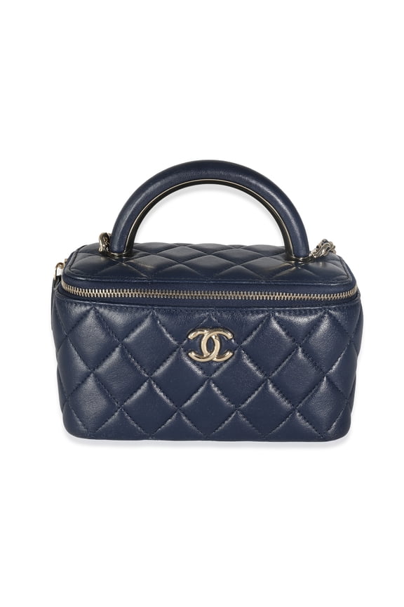 Pre-Owned ChanelNavy Quilted Lambskin Top Handle Vanity Case With Chain