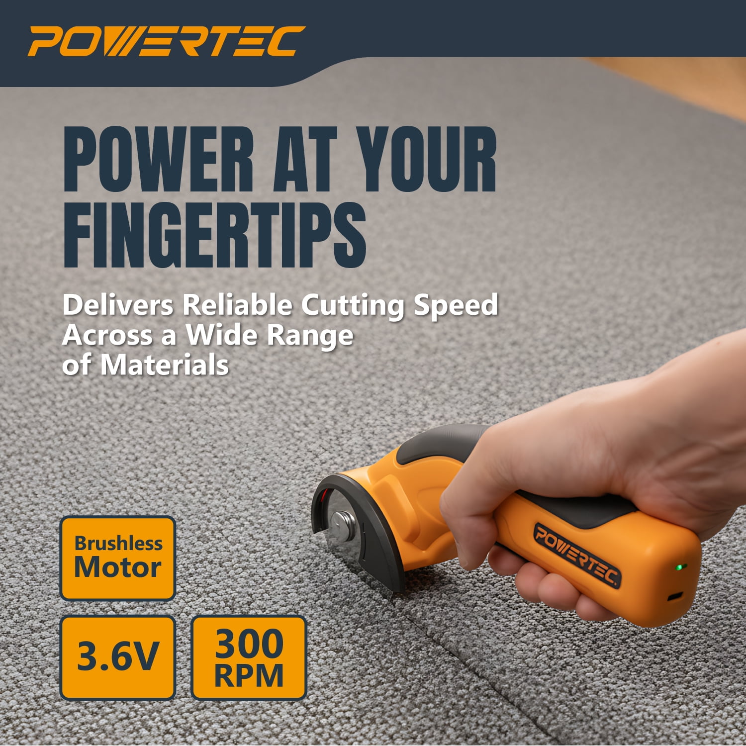 POWERTEC Cordless Electric Scissors – 3.6V Rechargeable Fabric, Cardboard & Carpet Cutter with Fast USB-C Charging, Safety Lock, and Extra Blade for DIY, Crafting & Upholstery (ESS3600)