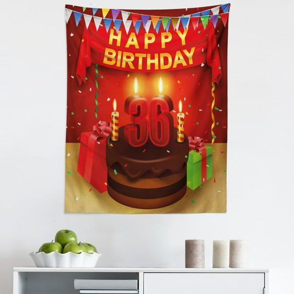 36th Birthday Tapestry, Celebration Party with Cake Candles and Presents Happy Birthday Print, Fabric Wall Hanging Decor for Bedroom Living Room Dorm, 5 Sizes, Burgundy Red, by Ambesonne