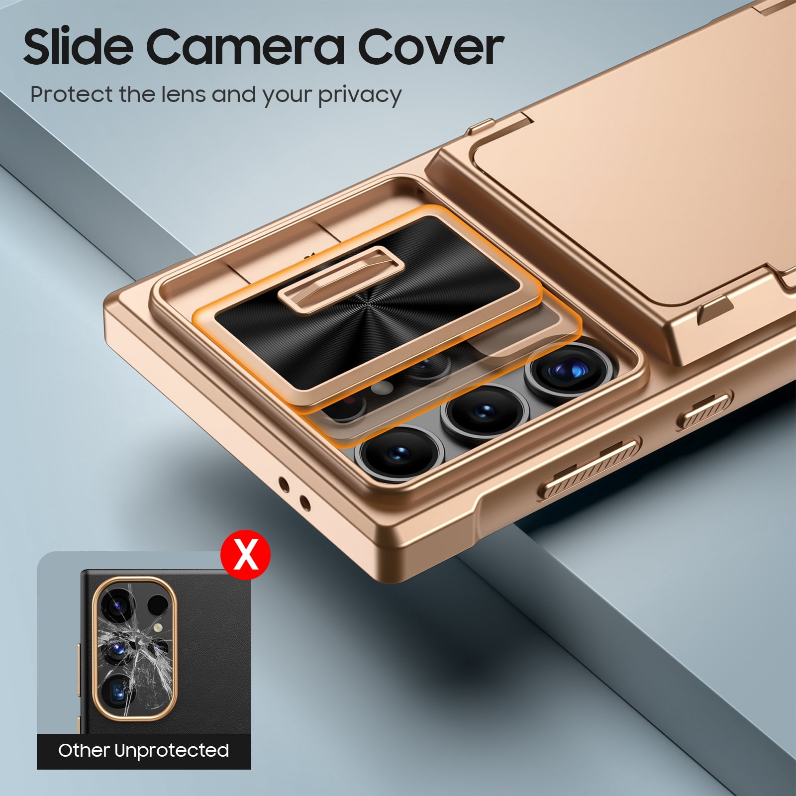 Vizvera for Samsung Galaxy S24 Ultra Phone Case with RFID Cards Holder (Store 4 Cards)&Camera Cover & Kickstand,Shockproof Silicone Case-Champagne