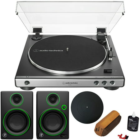 Audio-Technica AT-LP60X-GM Fully Automatic Belt-Drive Turntable - Gunmetal Black +Audio Immersion Bundle w/Protective Turntable Platter, Vinyl Record Cleaning System & Mackie CR3 3
