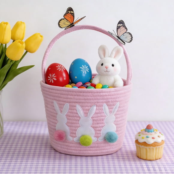 Decoraciones de Pascua, cestas de Pascua con conejito, cestas de algodón tejidas con conejito, lindos cubos de conejito con asa, rellenos de conejito, suministros de decoración para fiestas de huevos