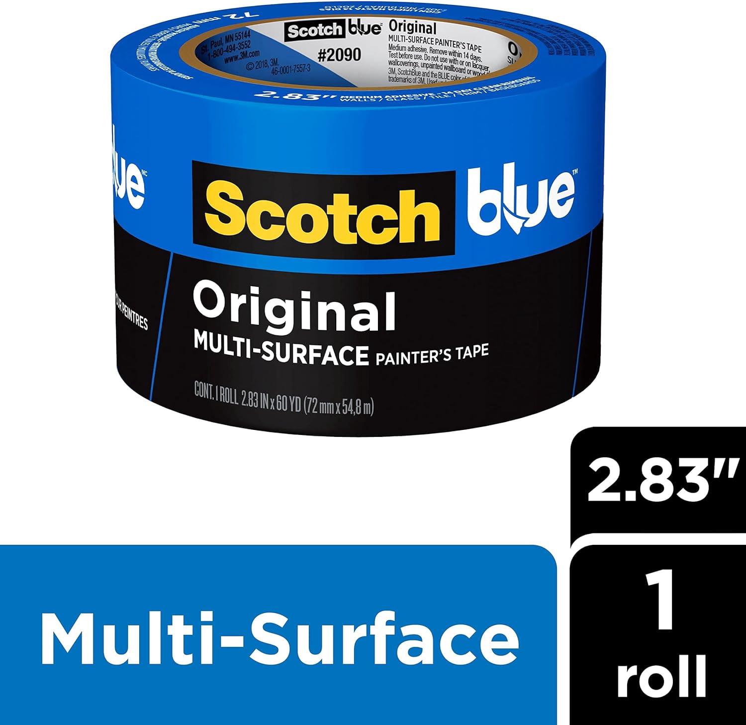 ScotchBlue Original Multi-Surface Painters Tape, 3 Inch Wide (2.83 In. x 60 Yds) 1 Roll, Blue Paint Tape Protects Surfaces and Removes Easily, Masking Tape for Indoor and Outdoor Use (2090-72NC)