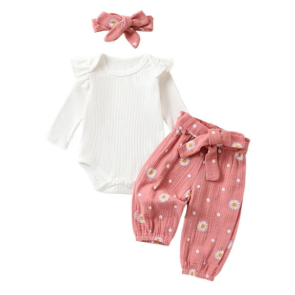 REDARER Baby Girls Knitting Ruffles Bodysuit Jumpsuit Long Pants Headband Long Sleeve Romper Girls Outfits Set,Kids Clothing,Size:0-3 Months