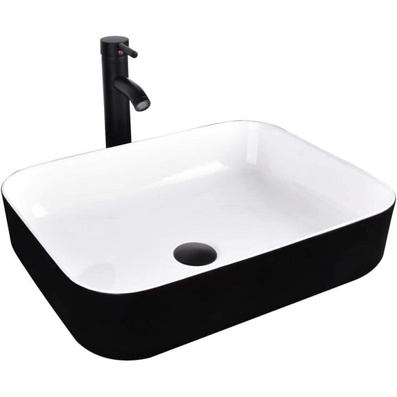PULUOMIS Bathroom Vessel Sink Black and White Ceramic Basin Bowl Chrome Faucet Pop up Drain