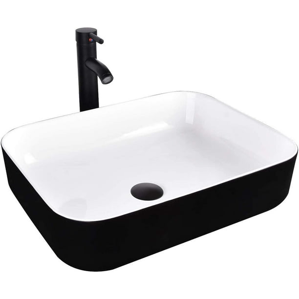 PULUOMIS Bathroom Vessel Sink Black and White Ceramic Basin Bowl Chrome
