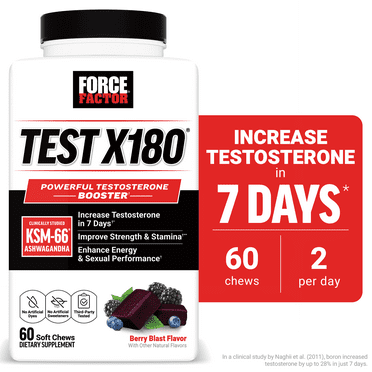 Test X180, Testosterone Support for Men with Clinically Studied KSM-66 Ashwagandha, Boron, Vitamin D & Zinc, Support Testosterone & Performance, Berry Blast, 60 Soft Chews by Force Factor