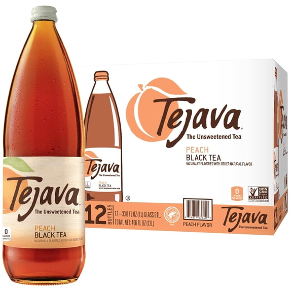 Tejava Peach Black Iced Tea, 12 Pack, 1 Liter Glass Bottles, Unsweetened, Non-GMO, Kosher, No Sugar or Sweeteners, No calories, No Preservatives, Brewed in Small Batches,