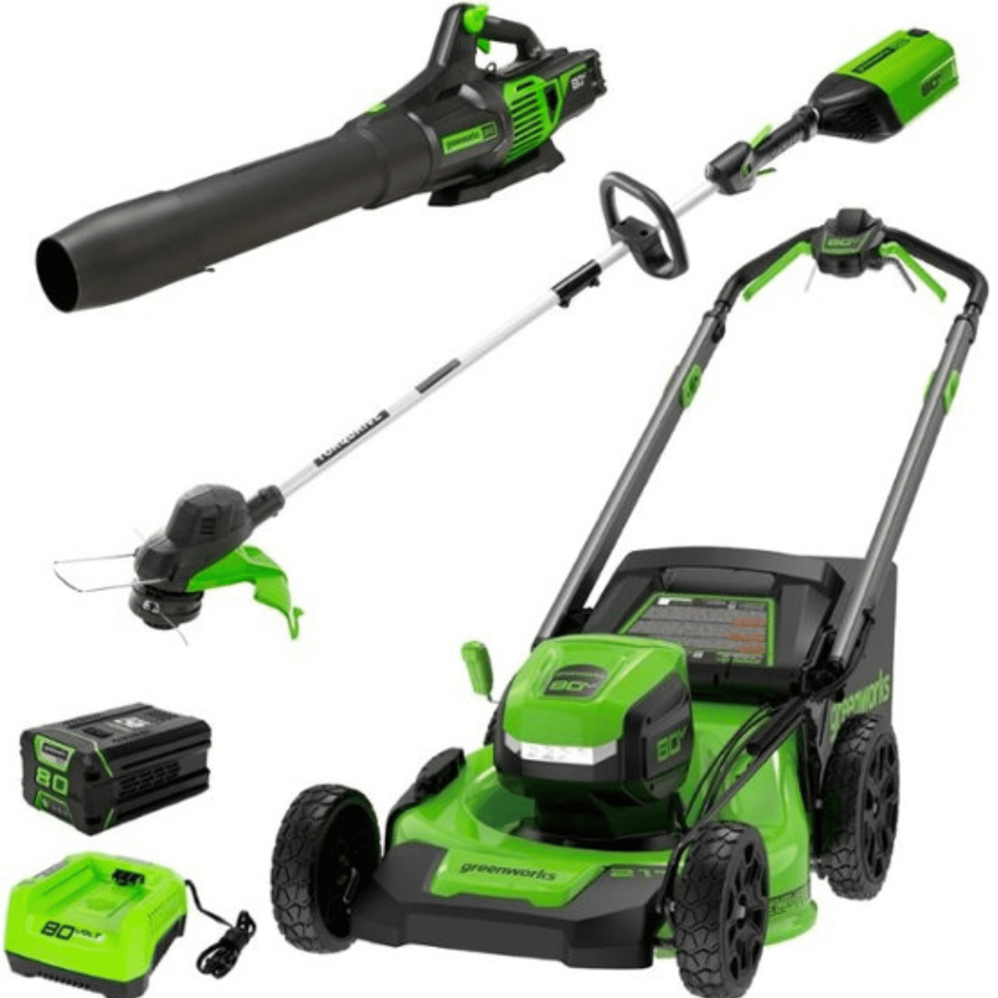 Open Box Greenworks 80V 21" Cordless Battery Brushless Self-Propelled Mower+String Trimmer+Leaf Blower Combo Kit with 4.0Ah Battery & 4A Charger