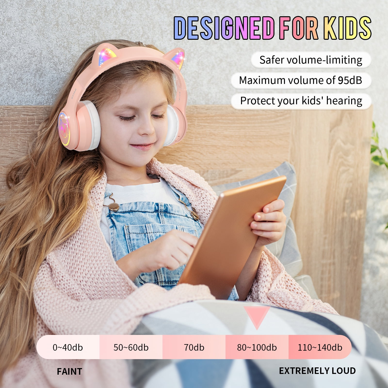 IFECCO Kids Bluetooth Headphones,Wireless Headphones for Kids,Volume Limited,30 Hours Playtime,Over-Ear Toddler Headsets with Built-in Mic-Pink