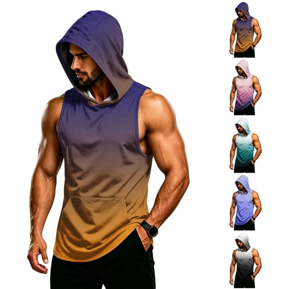 Gradient Muscle Shirt For Men, Sleeveless Pullover Hoodie Vest with Kangaroo Pocket - Quick Dry Bodybuilding Stringer for Summer Gym & Outdoor Training Black L