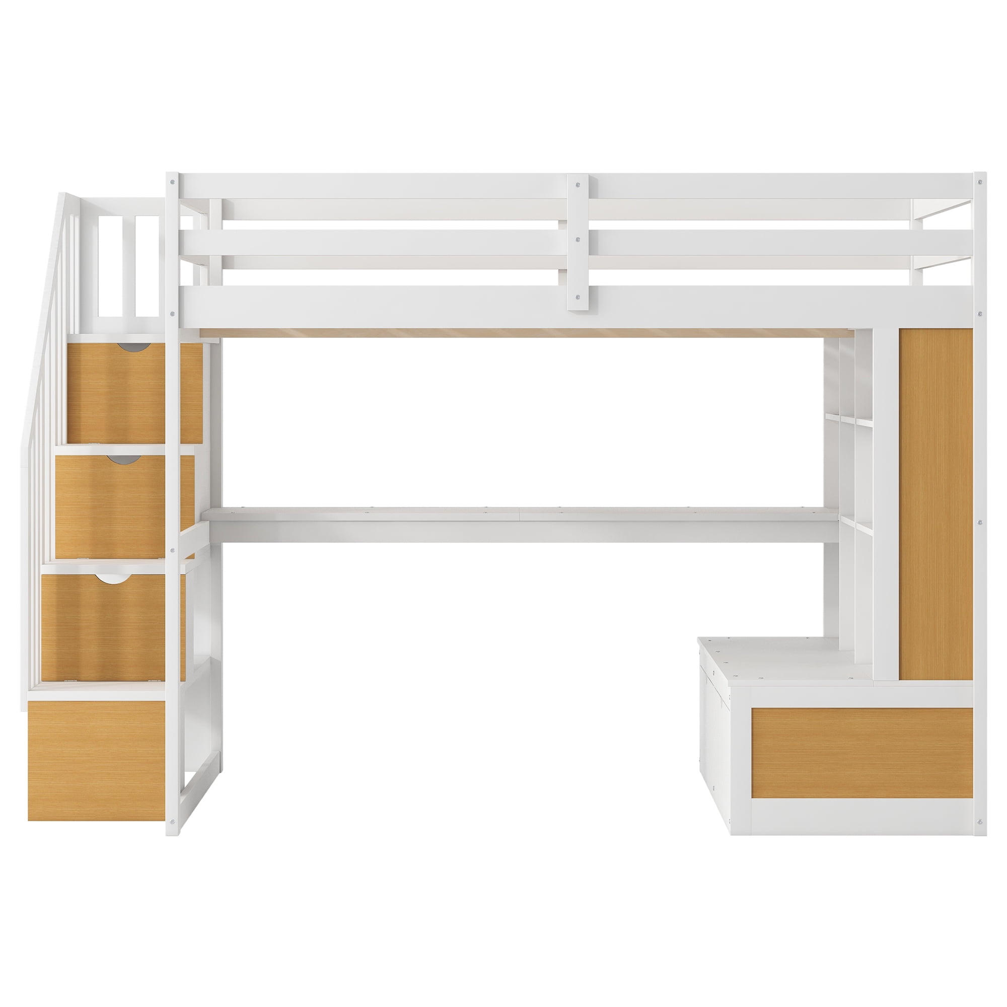 Euroco Modern Wood Full Size Loft Bed with Desk and Shelves, Storage Staircase and Drawers for Kids Teens, Wood